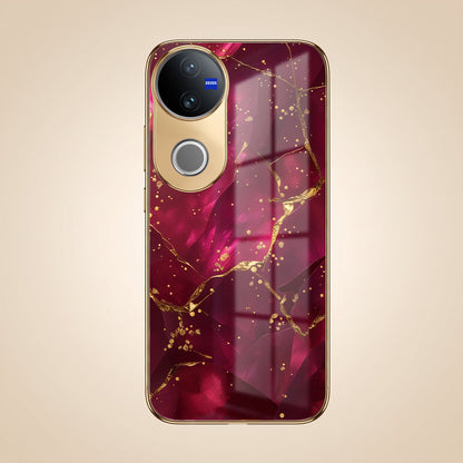 Vivo V50 5G Luxury Crimson Marble Gold Electroplated Glass Phone Back Case