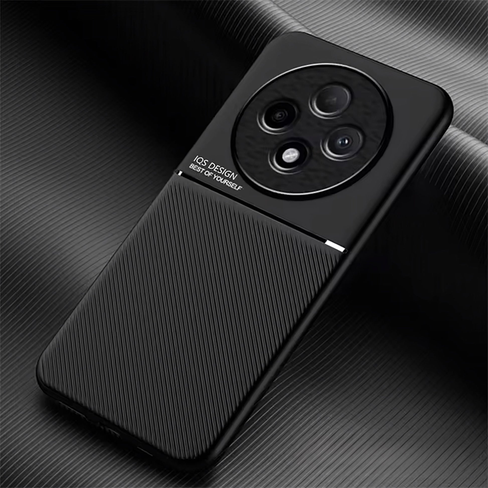A black Oppo F27 Pro+ 5G smartphone back cover with a shockproof design, featuring a camera cutout and textured patterns.