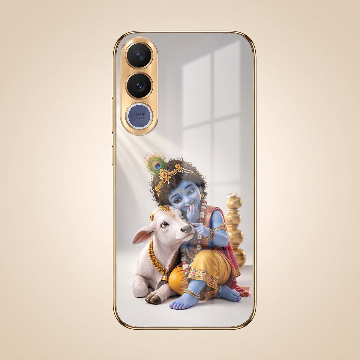 Vivo V70 Fe Bal Krishna Blessings Gold Electroplated Glass Phone Back Case