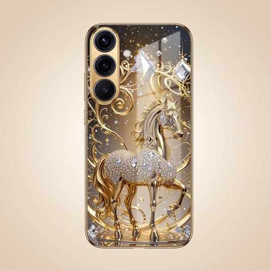Samsung Galaxy A56 5G Luxury Horse Texture Gold Electroplated Glass Phone Back Case