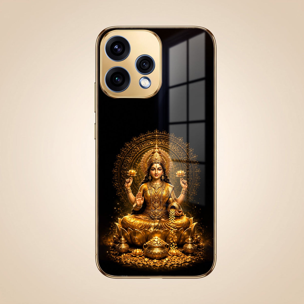 Oppo Reno 15 5G Golden Maa Lakshmi Gold Electroplated Glass Phone Back Case
