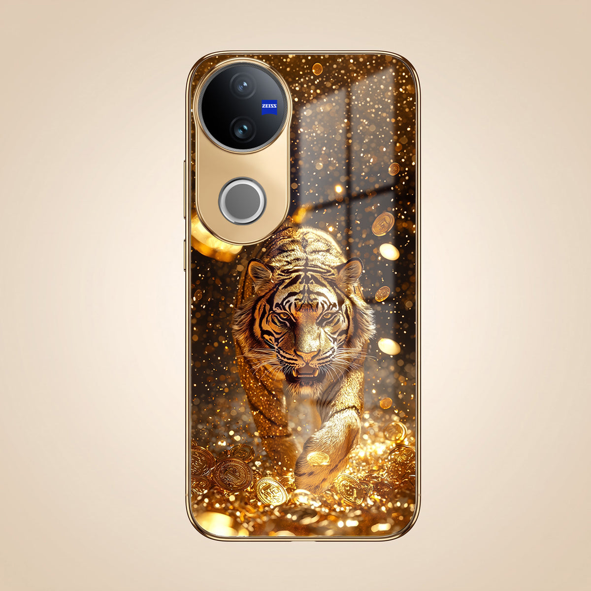 Vivo V50 5G Luxury Tiger Gold Electroplated Glass Phone Back Case
