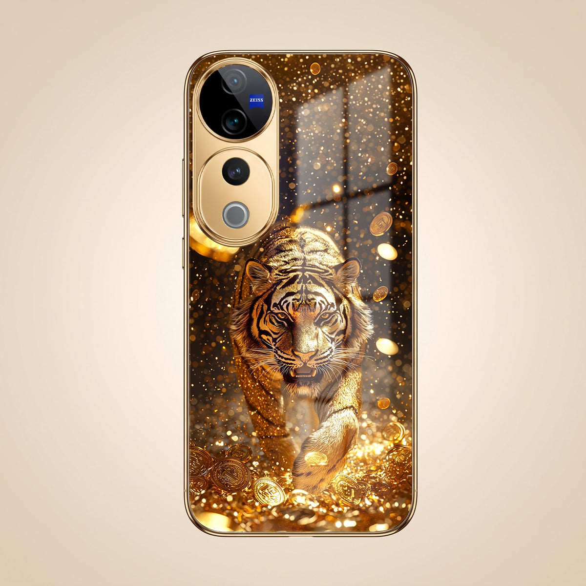 Vivo V40 Pro 5G Luxury Tiger Gold Electroplated Glass Phone Back Case