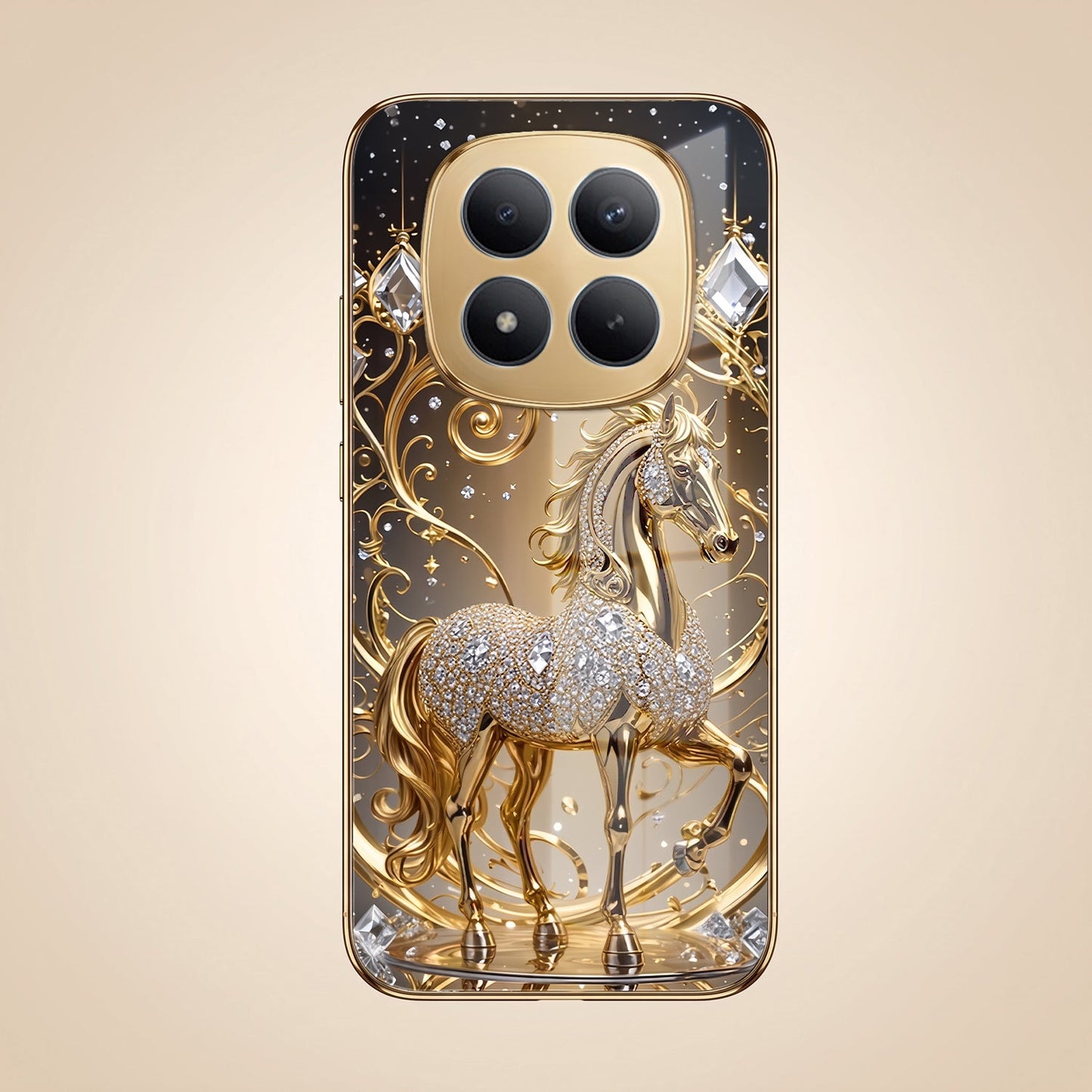 Redmi Note 15 Pro+ 5G Luxury Horse Texture Gold Electroplated Glass Phone Back Case