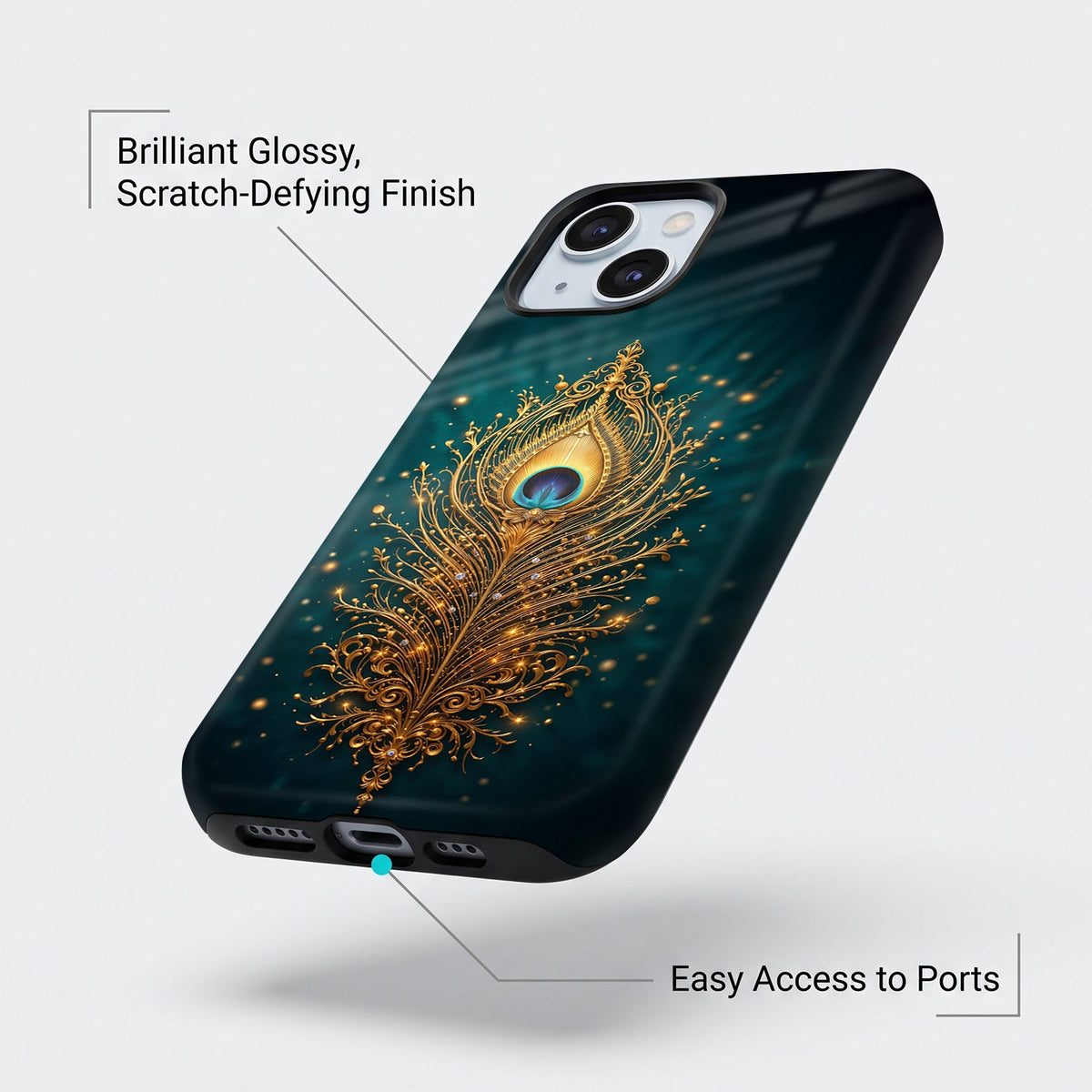 iPhone 15 5G Golden Peacock Feather Protective Cases