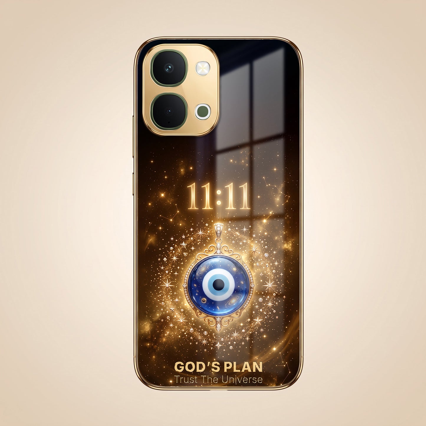 Vivo T5x 5G God’s Plan Evil Eye Gold Electroplated Glass Phone Back Case
