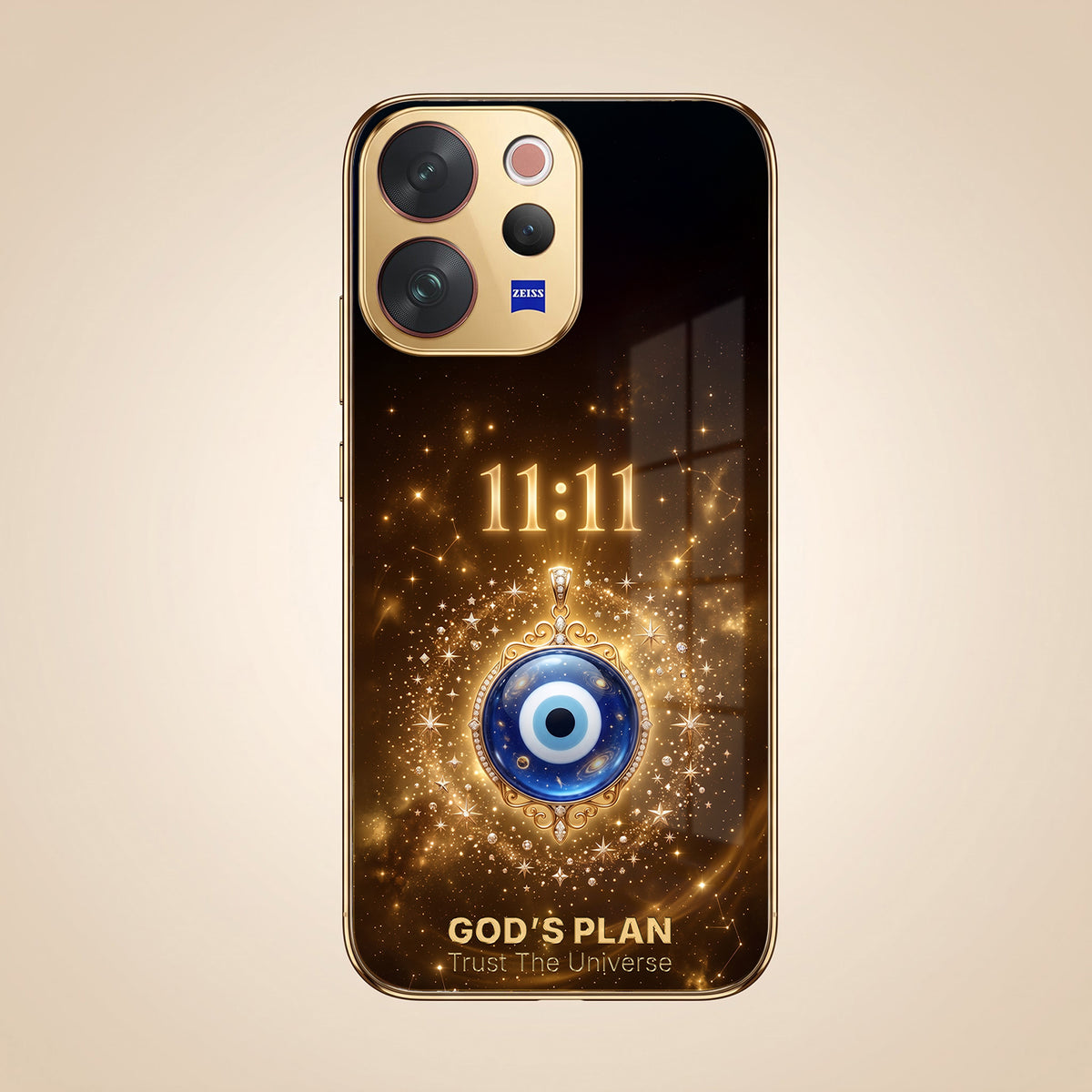 Vivo V70 5G God’s Plan Evil Eye Gold Electroplated Glass Phone Back Case