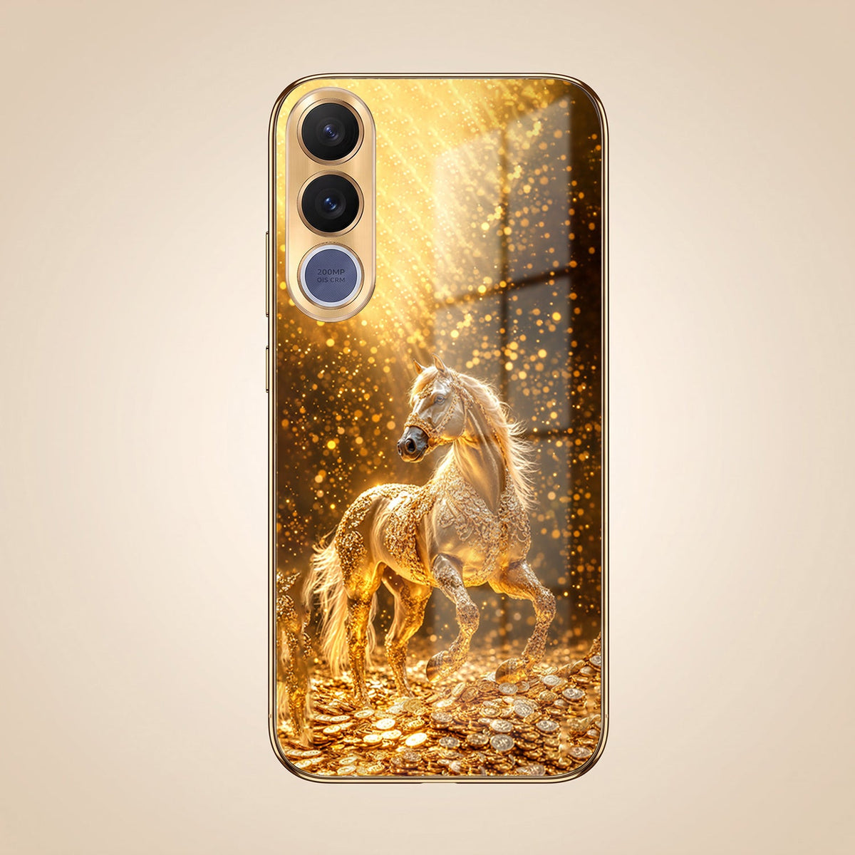 Vivo V70 FE 5G Golden Horse Sparkle Gold Electroplated Glass Phone Back Case