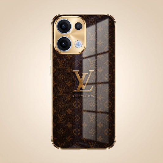 Oppo Reno 13 5G Luxury Monogram Brown Gold Electroplated Glass Phone Back Case