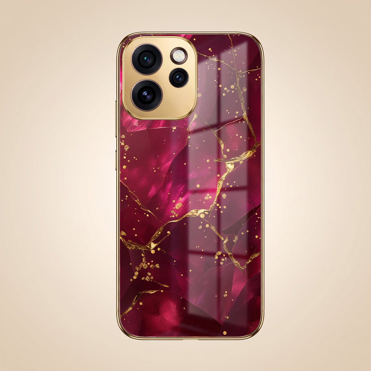 Oppo Reno 15 Pro Mini 5G Luxury Crimson Marble Gold Electroplated Glass Phone Back Case