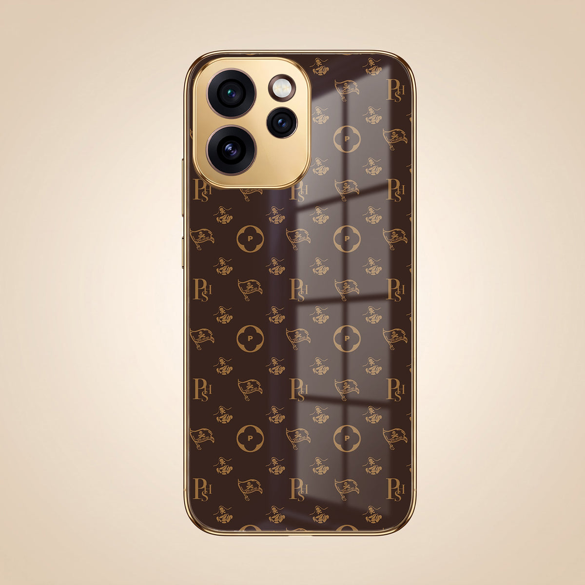 Oppo Reno 15 Pro Mini 5G Luxury Monogram Brown Gold Electroplated Glass Phone Back Case