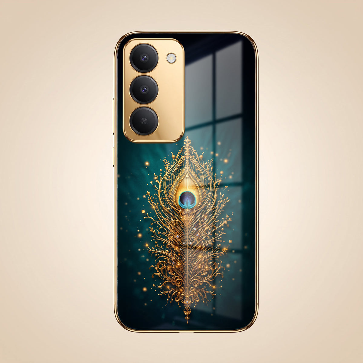 Redmi 15 5G Golden Peacock Feather Gold Electroplated Glass Phone Back Case