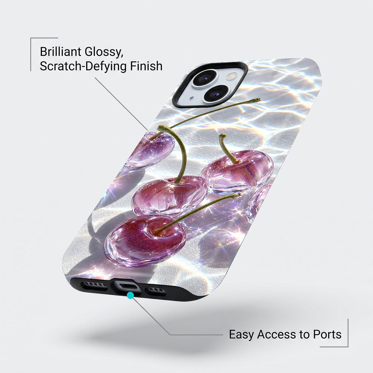 iPhone 15 5G Purple Transparent Cherry Protective Case