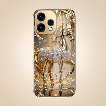 Oppo Reno 15 5G Luxury Horse Texture Gold Electroplated Glass Phone Back Case