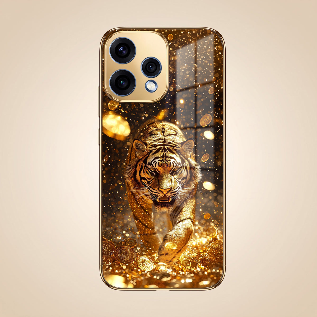 Oppo Reno 15 5G Luxury Tiger Gold Electroplated Glass Phone Back Case