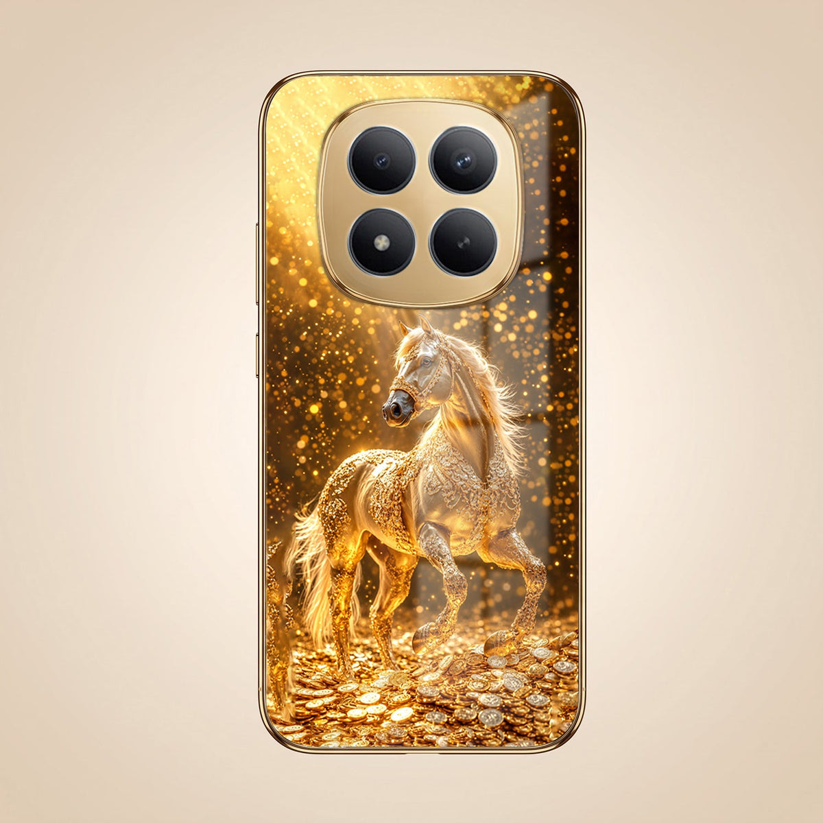 Redmi Note 15 Pro+ 5G Golden Horse Sparkle Gold Electroplated Glass Phone Back Case