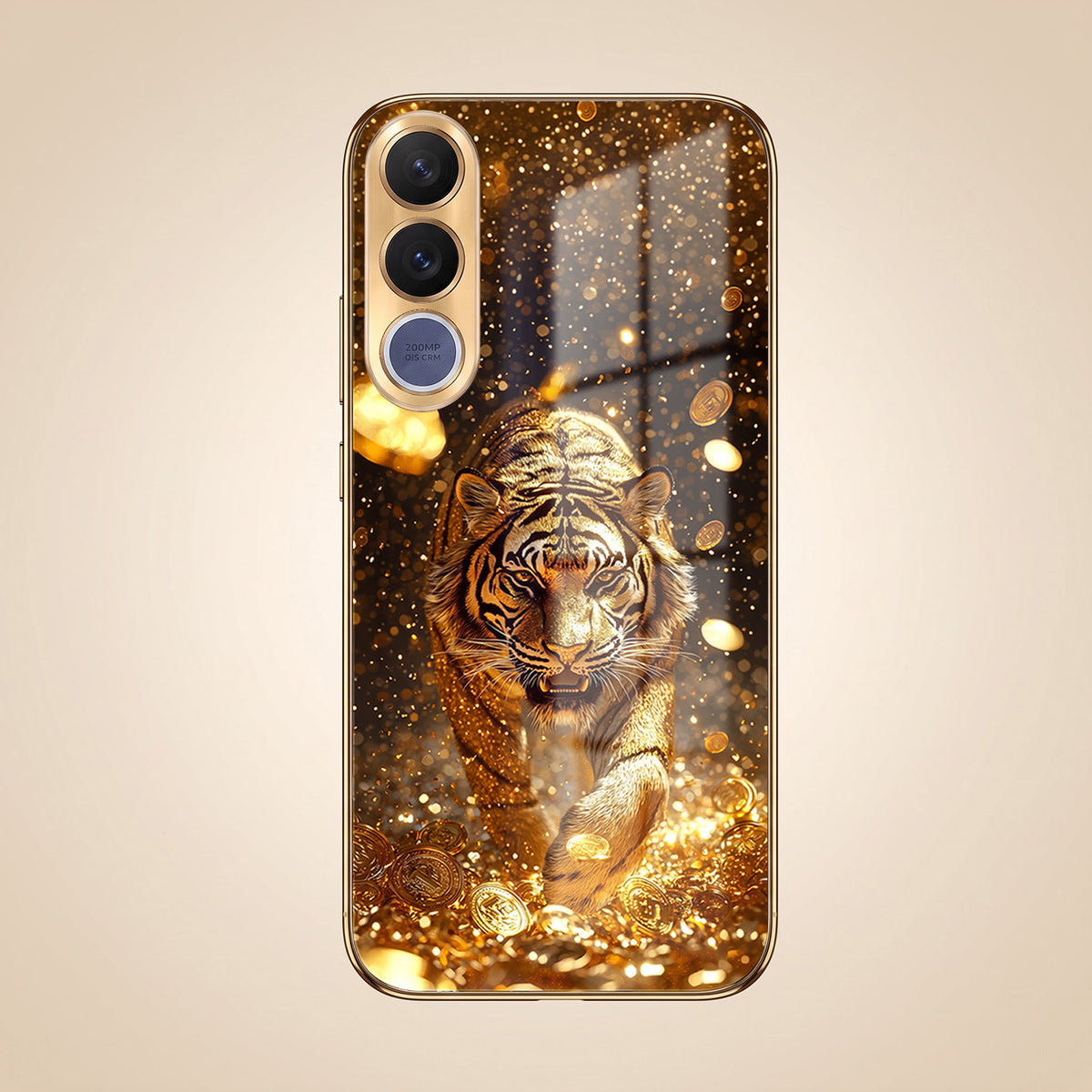 Vivo V70 FE 5G Luxury Tiger Gold Electroplated Glass Phone Back Case