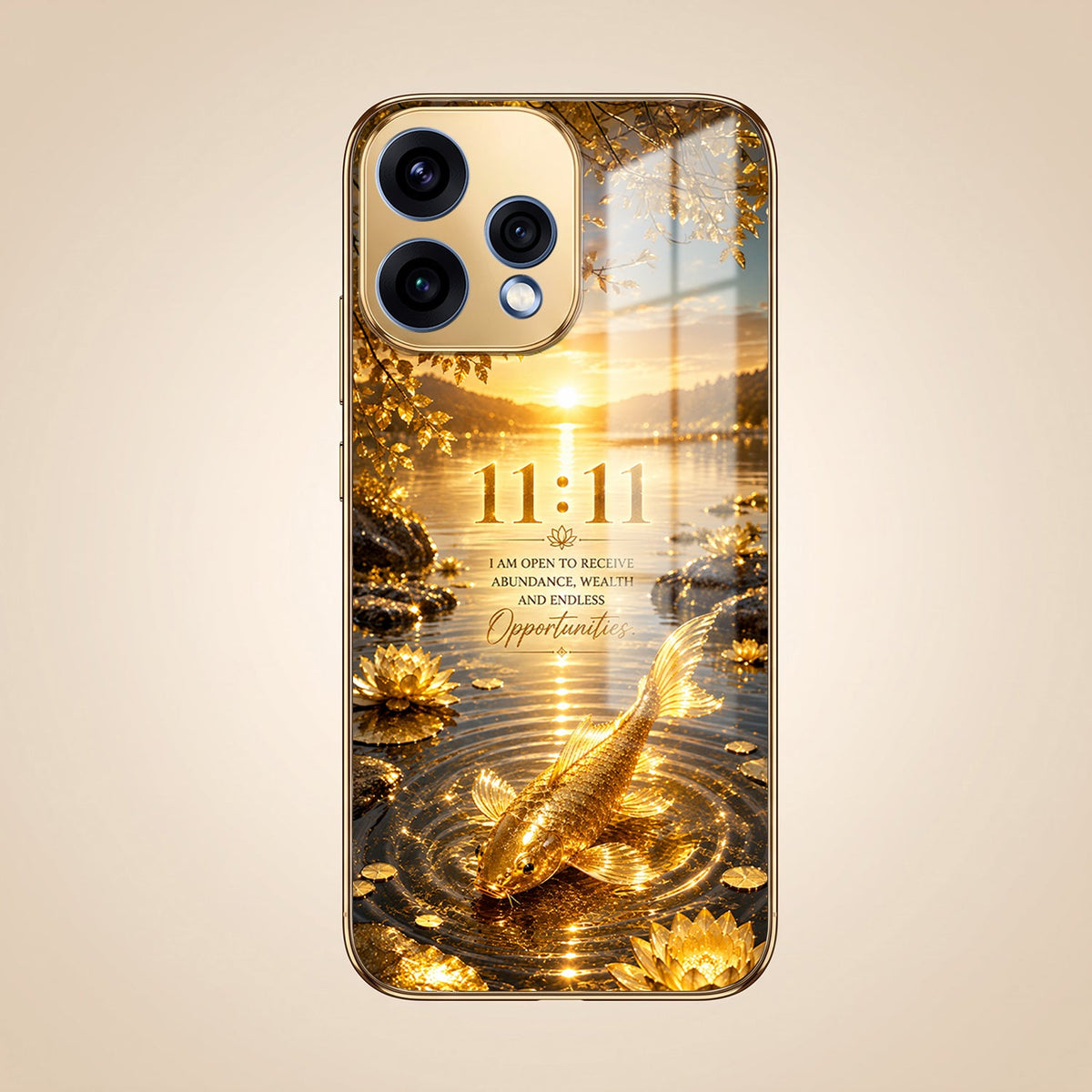Oppo Reno 15 5G 11:11 Manifestation Gold Electroplated Glass Phone Back Case