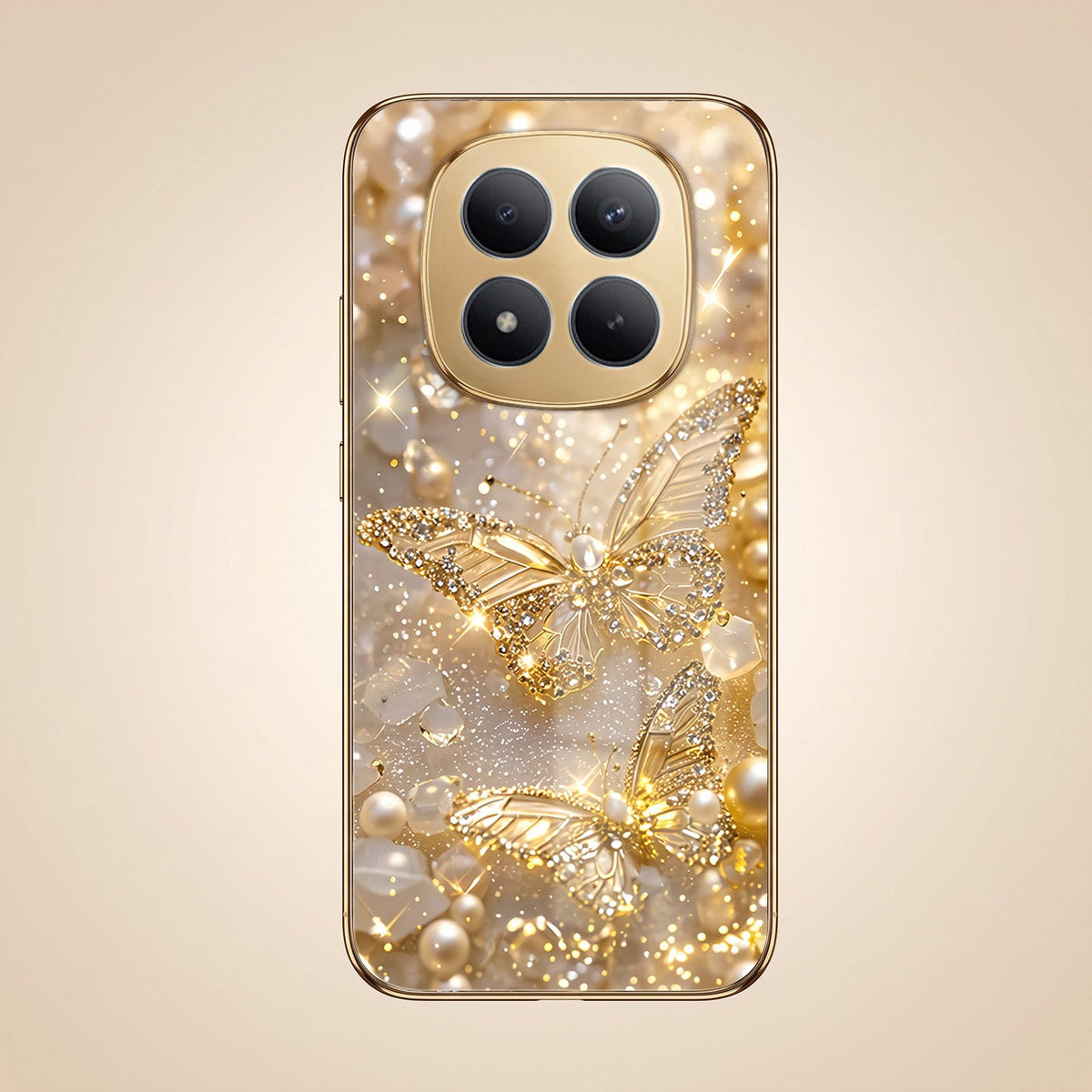 Redmi Note 15 Pro+ 5G Golden Butterfly Gold Electroplated Glass Phone Back Case