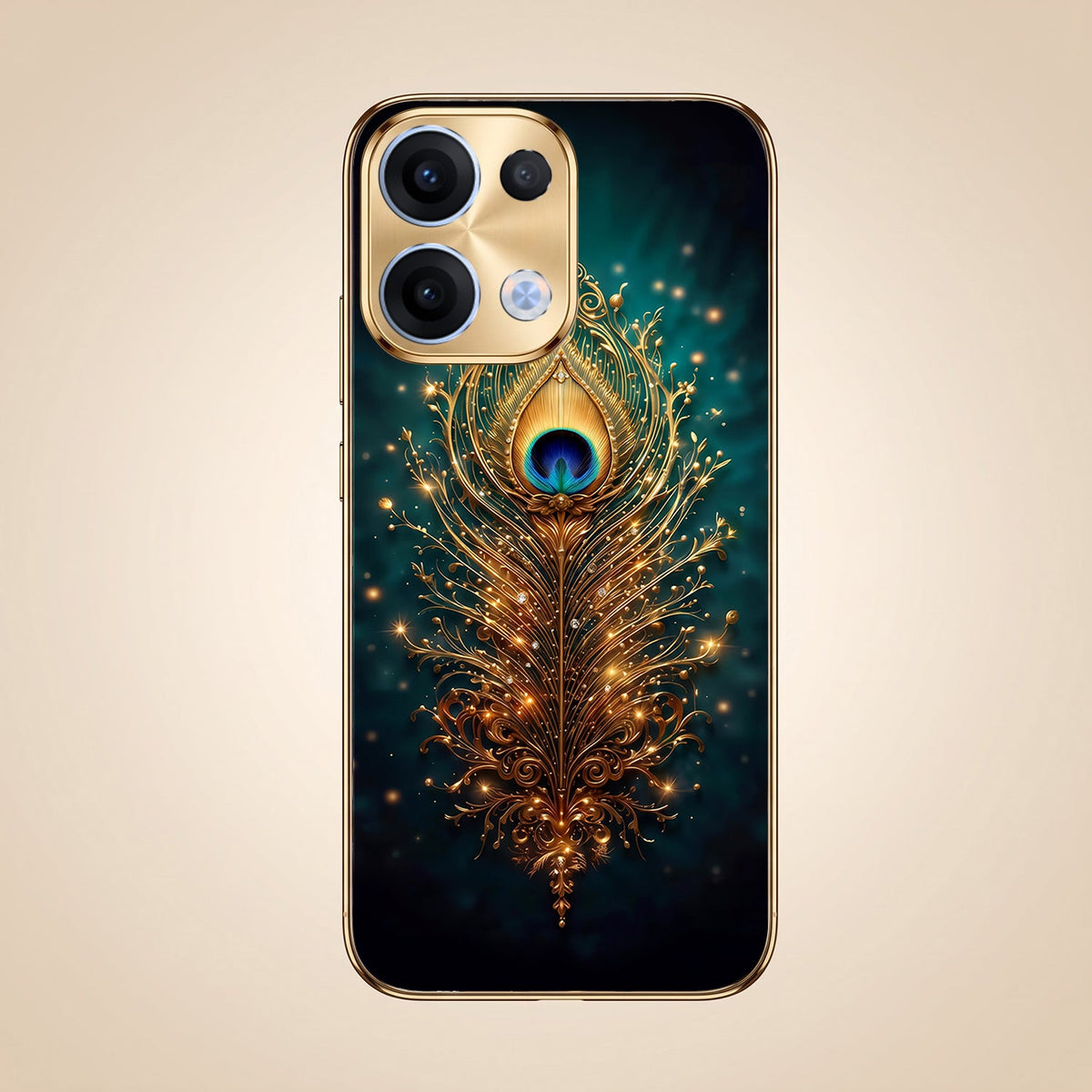 Oppo Reno 13 5G Golden Peacock Feather Gold Electroplated Glass Phone Back Case