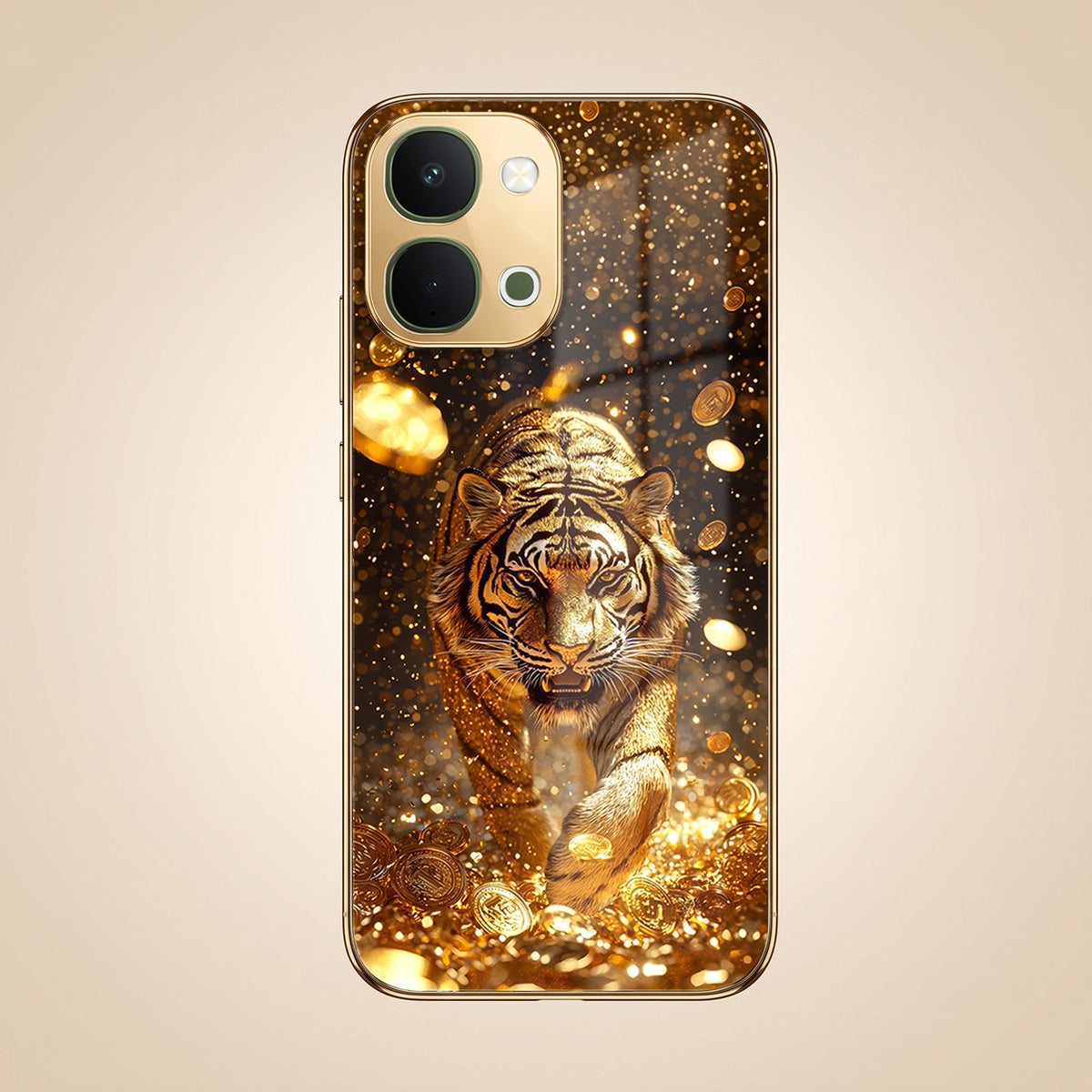 Vivo T5X 5G Luxury Tiger Gold Electroplated Glass Phone Back Case