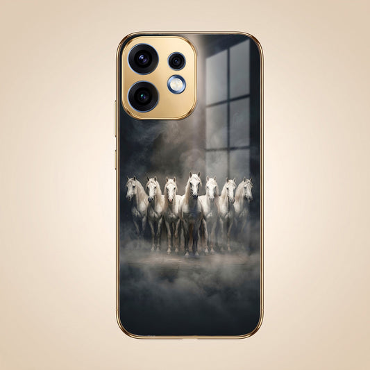 Oppo Reno 16 5G Running Horses Gold Electroplated Glass Phone Back Case