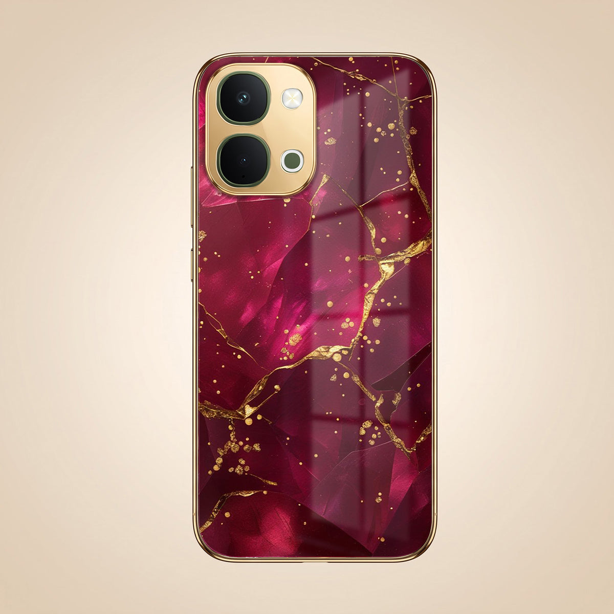 Vivo T5X 5G Luxury Crimson Marble Gold Electroplated Glass Phone Back Case