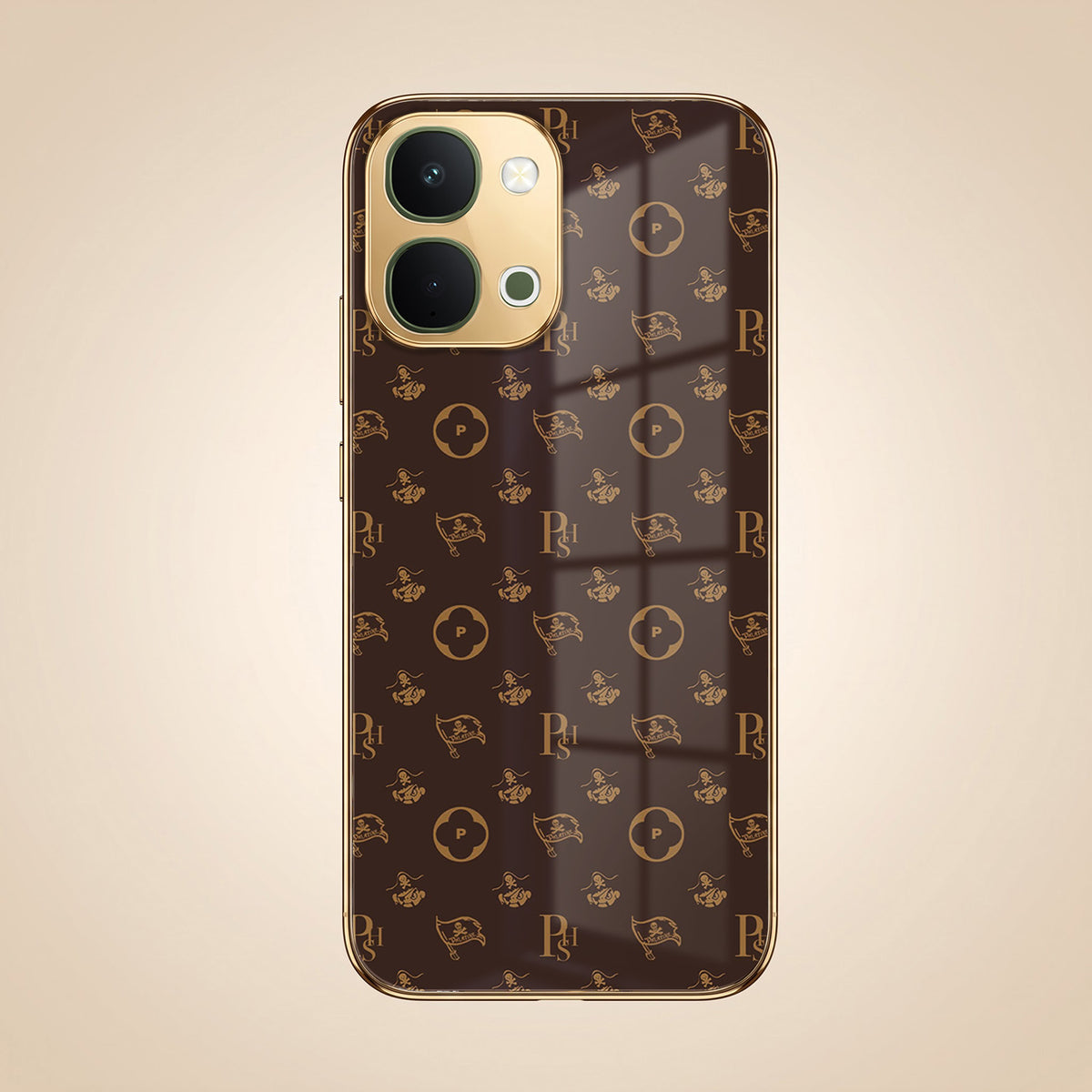Vivo T5X 5G Luxury Monogram Brown Gold Electroplated Glass Phone Back Case