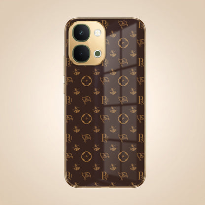 Vivo T5X 5G Luxury Monogram Brown Gold Electroplated Glass Phone Back Case