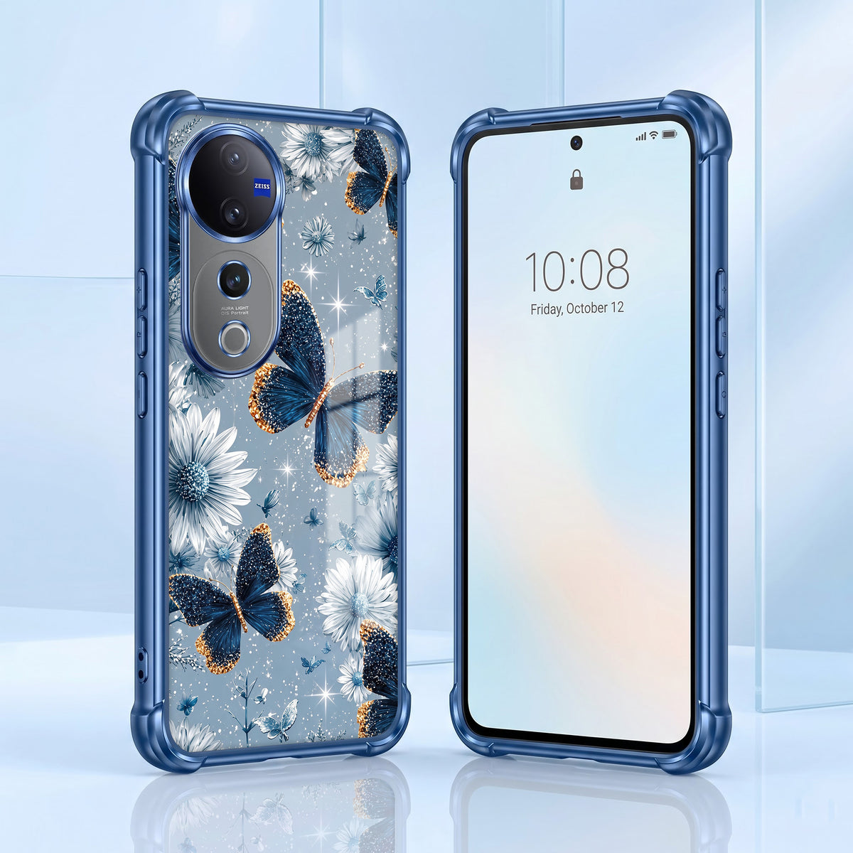 Vivo V40 Pro 5G Blue Butterfly Floral Airbags Printed Back Case