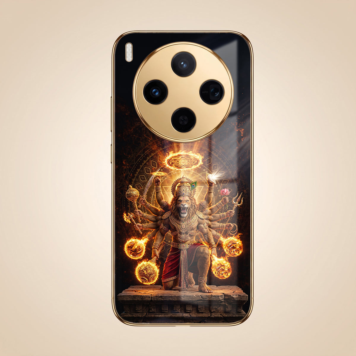 Vivo X300 5G Lord Narasimha Gold Electroplated Glass Phone Back Case