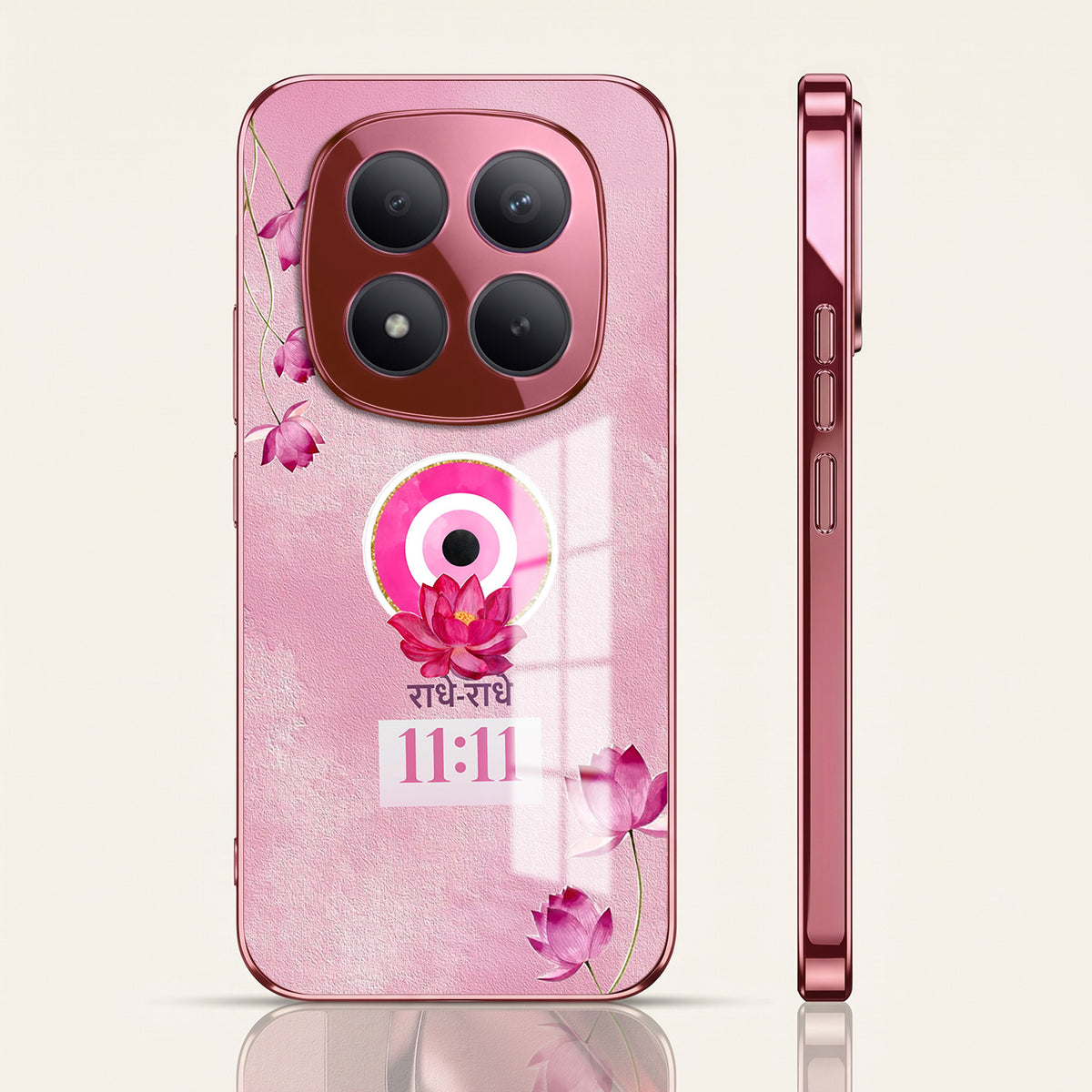 Redmi Note 15 Pro+ 5G Luxury Radhe Radhe 11:11 Pink Electroplated Glass Phone Back Case