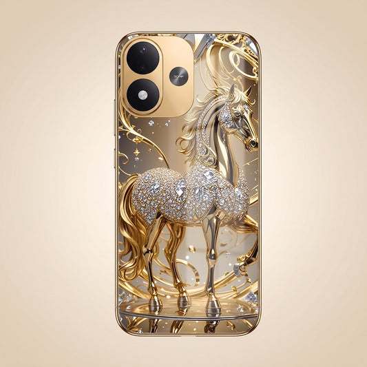 Redmi Note 17 5G Luxury Horse Texture Gold Electroplated Glass Phone Back Case