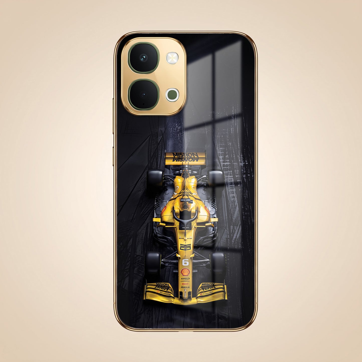 Vivo T5x 5G F1 Racing Car Gold Electroplated Glass Phone Back Case