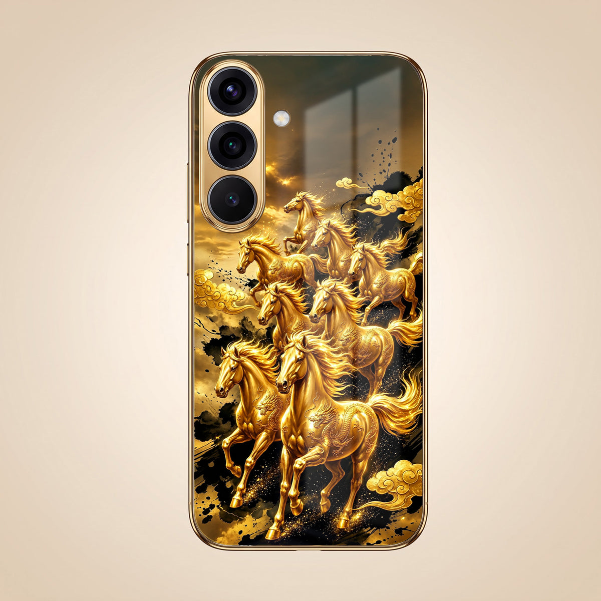 Samsung Galaxy A36 5G Horses Royal Glory Gold Electroplated Glass Phone Back Case