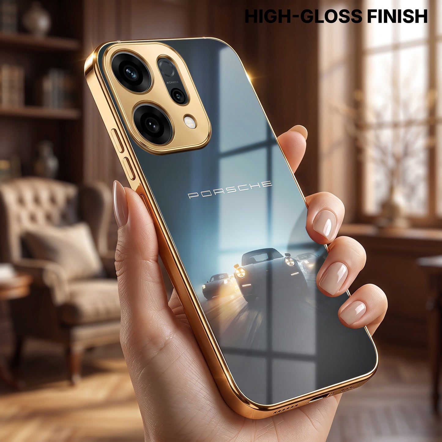 Oppo Reno 14 5G Porsche Luxury Gold Electroplated Glass Phone Back Case