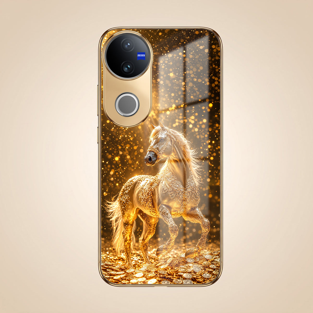 Vivo V50 5G Golden Horse Sparkle Gold Electroplated Glass Phone Back Case