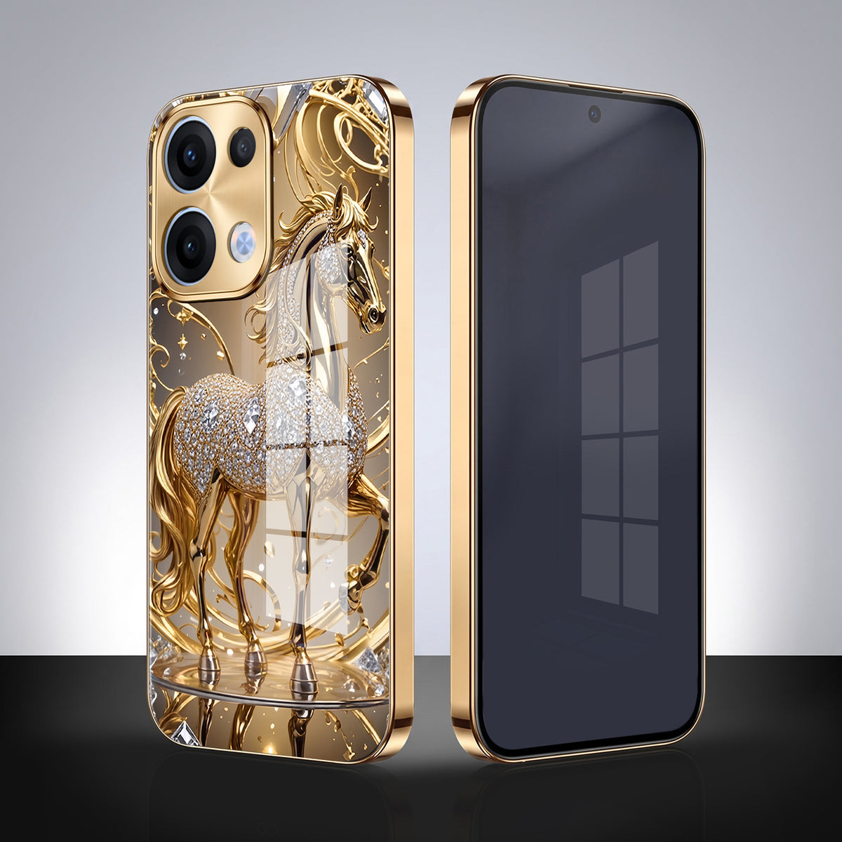 Oppo Reno 13 5G Luxury Horse Texture Gold Electroplated Glass Phone Back Case