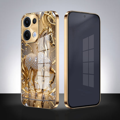 Oppo Reno 13 5G Luxury Horse Texture Gold Electroplated Glass Phone Back Case