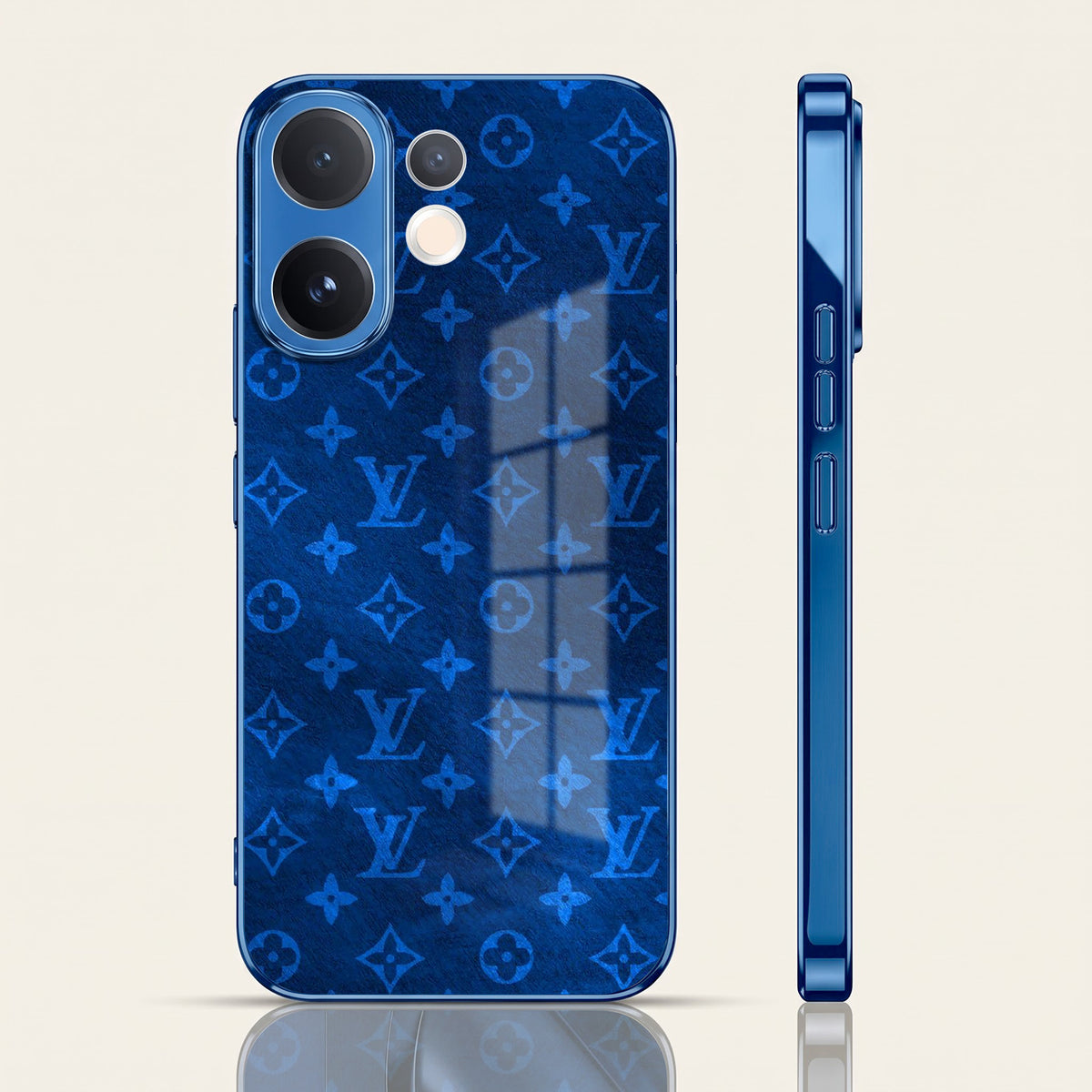 Vivo V60 5G Luxury Monogram Blue Electroplated Glass Phone Back Case