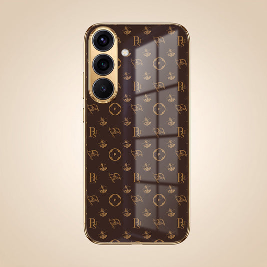 Samsung Galaxy A36 5G Luxury Monogram Brown Gold Electroplated Glass Phone Back Case