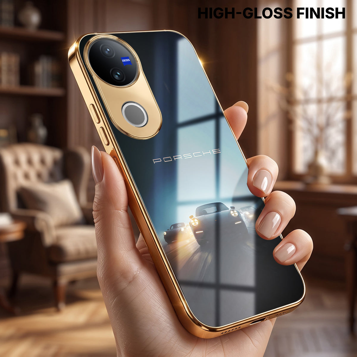 Vivo V50 5G Porsche Luxury Gold Electroplated Glass Phone Back Case