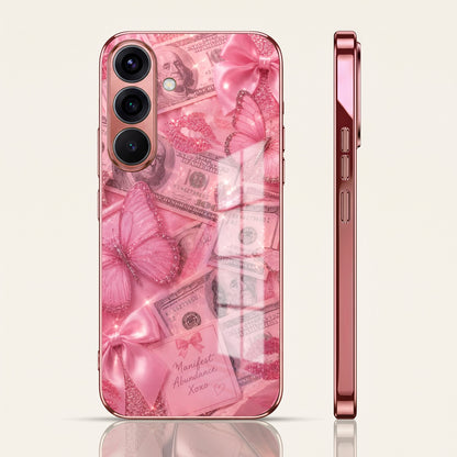 Samsung Galaxy A36 5G Luxury Dollar Butterfly Pink Electroplated Glass Phone Back Case