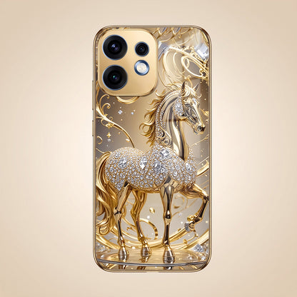 Oppo Reno 16 5G Luxury Horse Texture Gold Electroplated Glass Phone Back Case