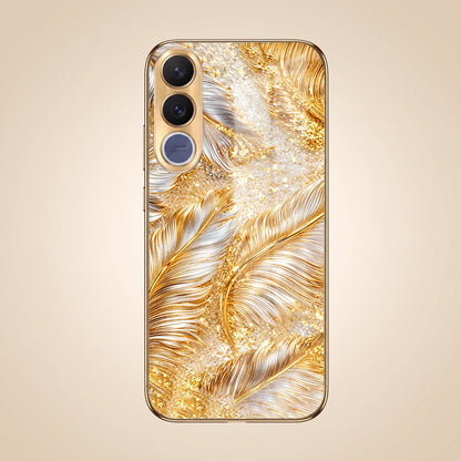 Vivo V70 FE 5G Golden Feather Marble Gold Electroplated Glass Phone Back Case