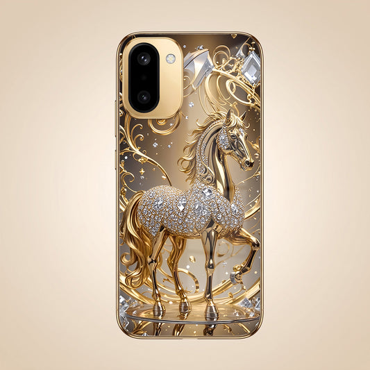 OnePlus 15R 5G Luxury Horse Texture Gold Electroplated Glass Phone Back Case