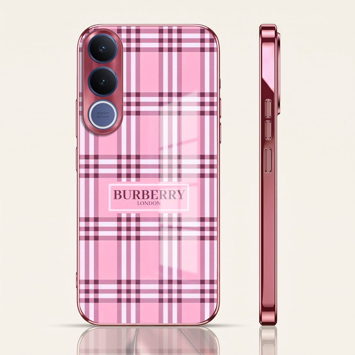Vivo V70 FE 5G Burberry Classic Pink Electroplated Glass Phone Back Case