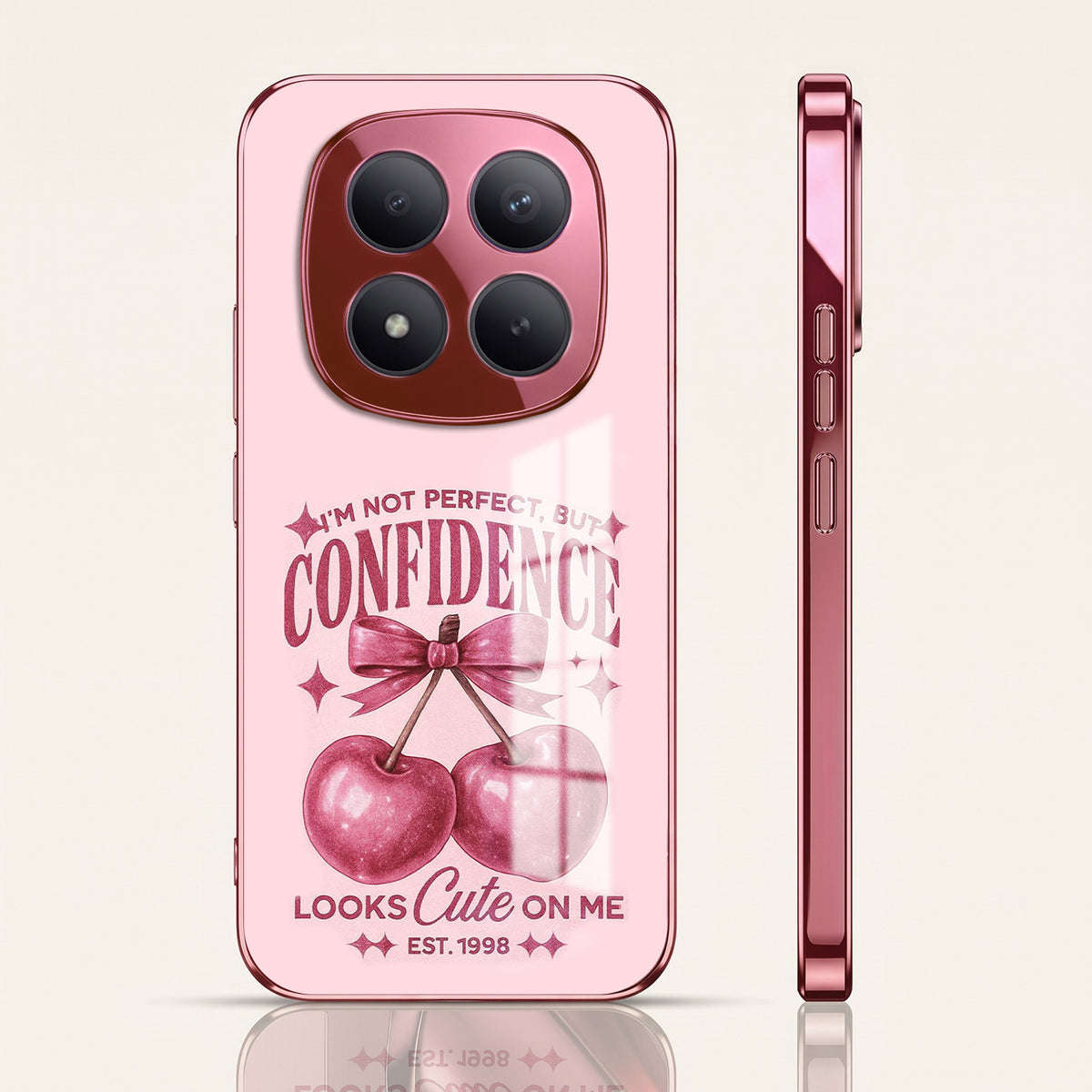 Redmi Note 15 Pro+ 5G Luxury Cherry Bow Pink Electroplated Glass Phone Back Case