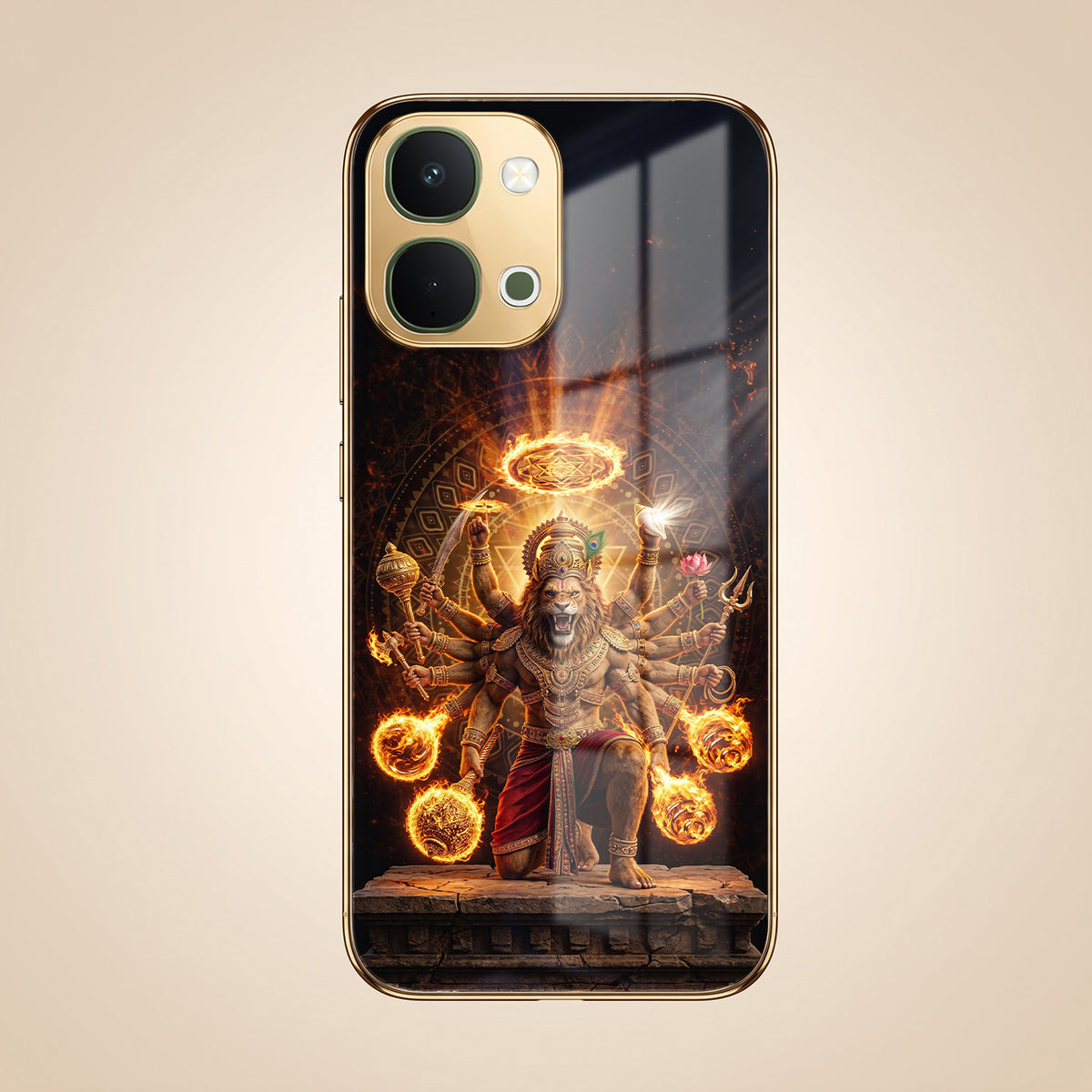 Vivo T5x 5G Lord Narasimha Gold Electroplated Glass Phone Back Case