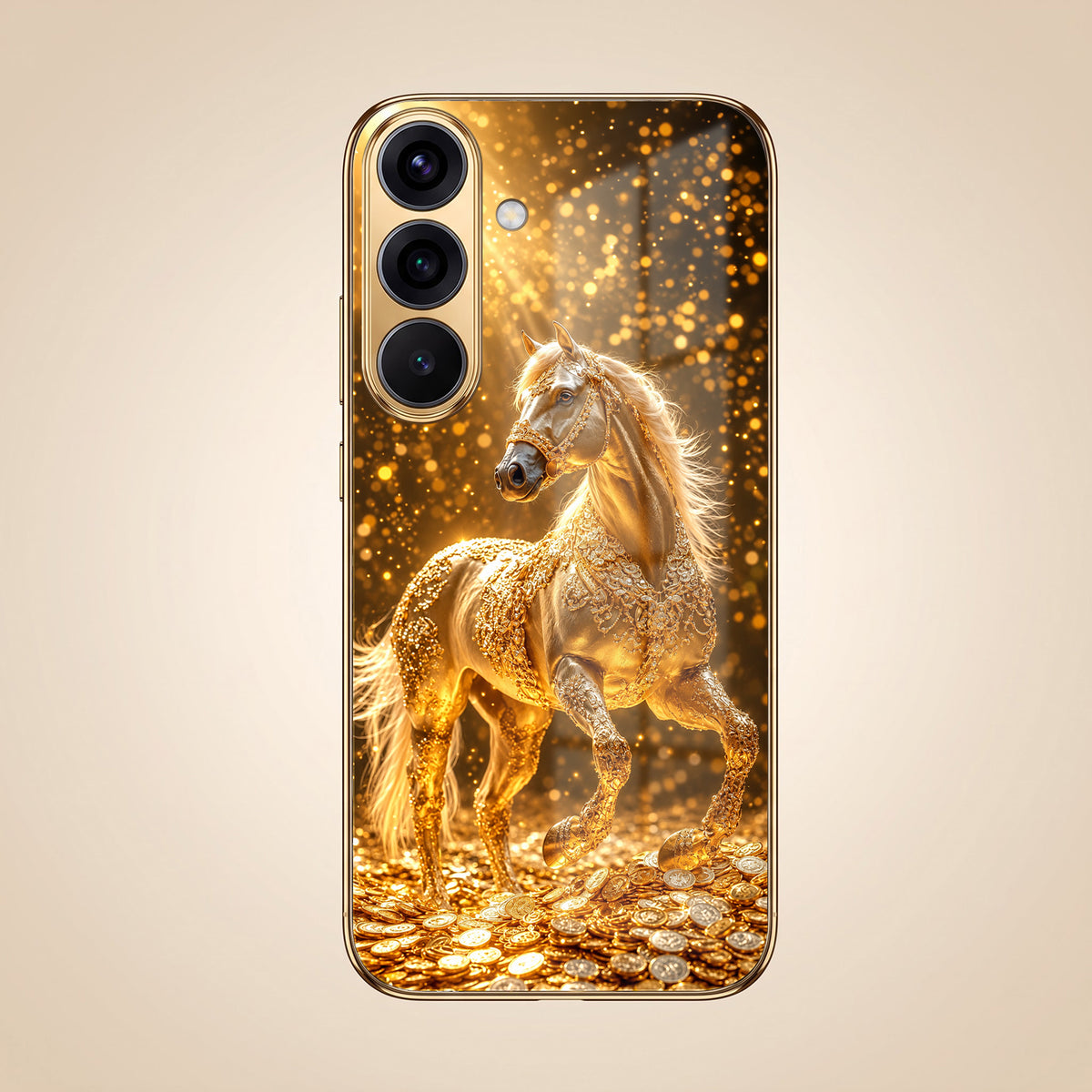 Samsung Galaxy A36 5G Golden Horse Sparkle Gold Electroplated Glass Phone Back Case